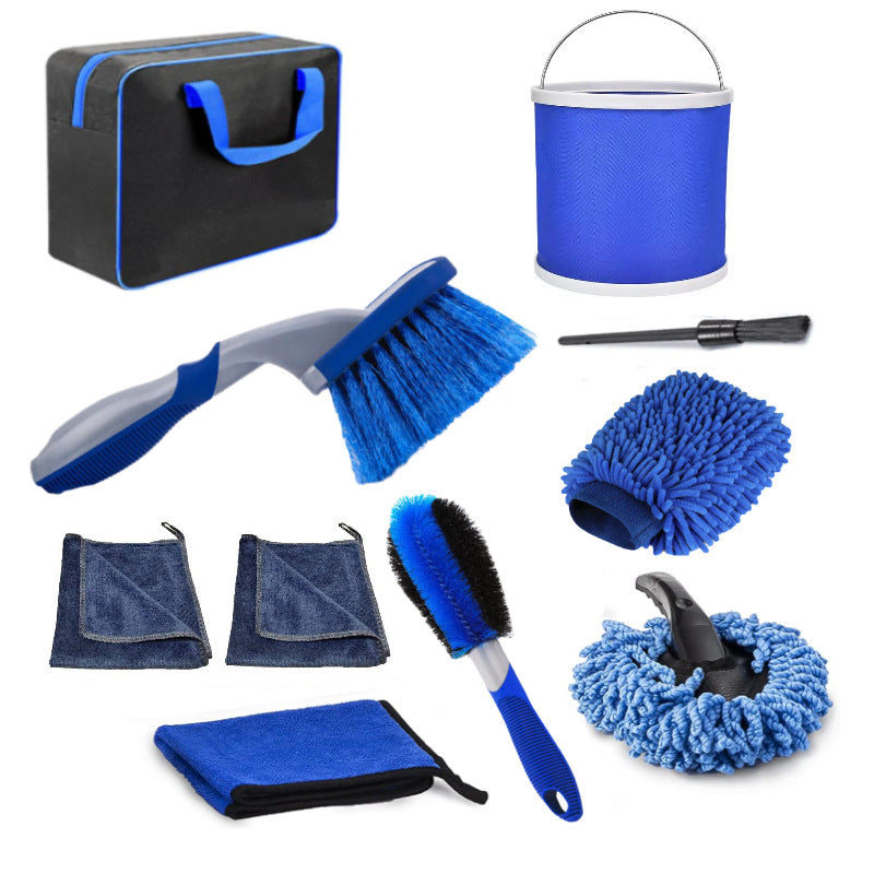 NNEDSZ Blue 10-Piece Car Cleaning Kit – Complete Car Care Set with Towels, Brushes, Gloves, and Storage Bag